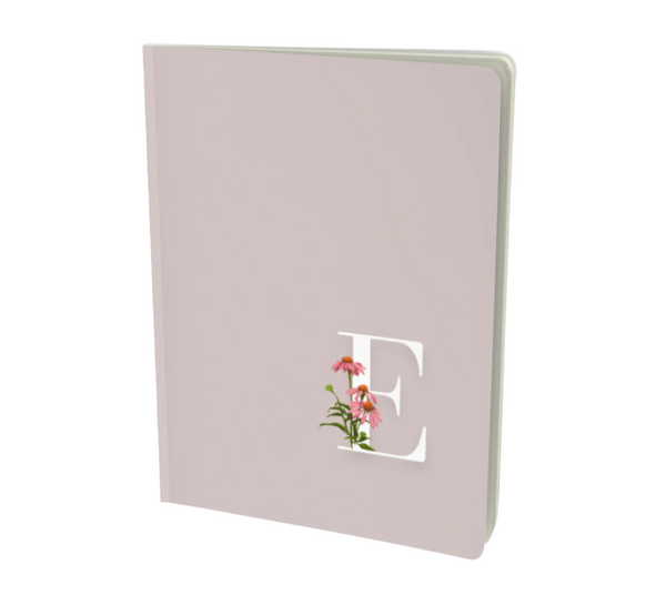 E monogram floral notebook in taupe with a pink flower embellishment.