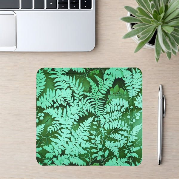 Spruce and Heron fern mousepad on top of a desk.