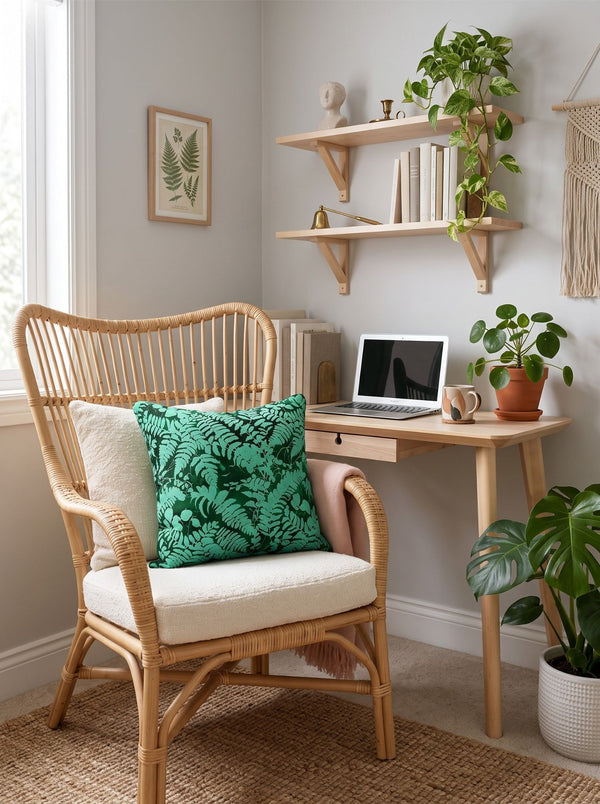 A cozy home office corner featuring a natural rattan armchair with cream cushions and a green palm-patterned accent pillow, next to a matching wood desk with a laptop and wall shelves holding books and plants - a fern cushion cover by Spruce and Heron.