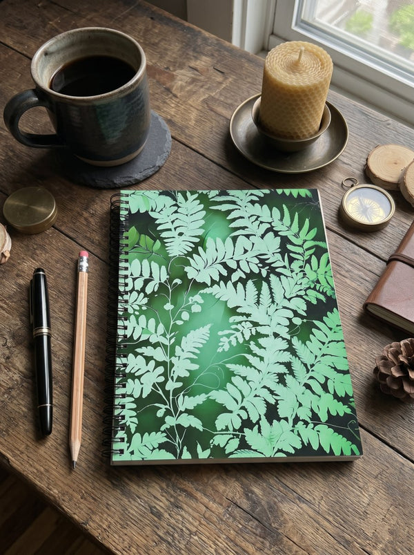 A spiral-bound notebook from Spruce and Heron with a green fern leaf pattern lies on a rustic wooden table, surrounded by lifestyle props including a ceramic mug of coffee, a candle, a pen, a pencil, a small compass, and a leather journal.