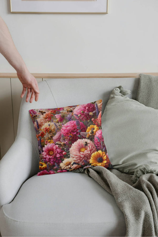 Flowers and Bees cushion cover on a chair - Spruce and Heron.