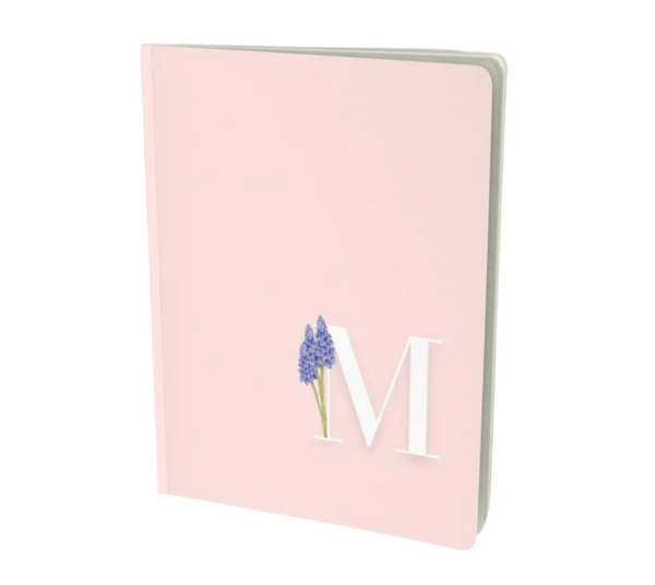 M monogram floral notebook with a purple flower embellishment.