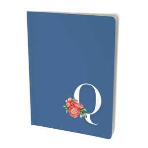 Q monogram floral notebook in blue - with pink flower embellishment.