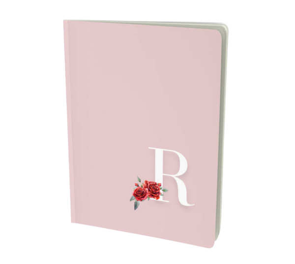 R monogram floral notebook in pink - with rose embellishment.