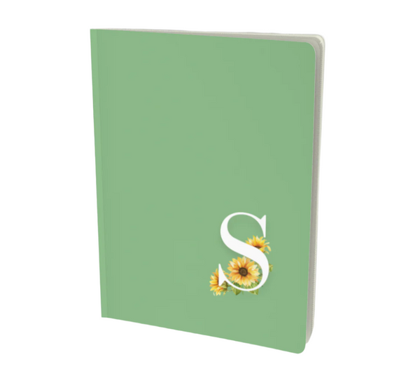 S Monogram floral notebook in green with a yellow flower embellishment.