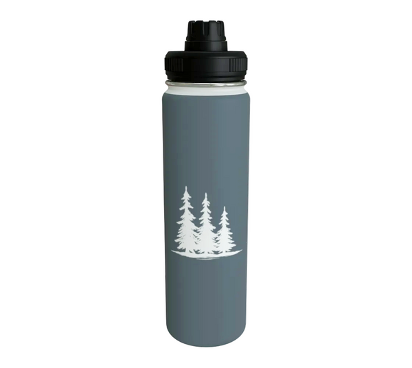 A matte slate blue water bottle - Spruce Trees Stainless Steel Water Bottle from Spruce and Heron - with a black screw-on lid and a white graphic of three pine trees on the front, set against a plain white background.