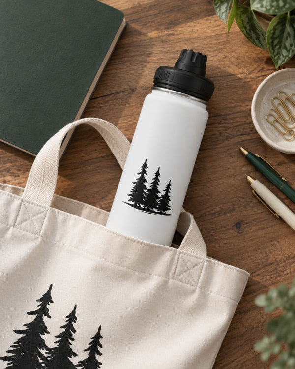 A off-white light beige insulated water bottle with a black lid and black pine tree graphic, tucked inside a beige canvas tote bag with matching tree print, styled on a wooden desk with pens, a notebook, and a plant.