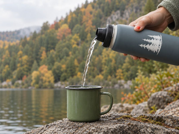 A person pours water from a dark gray insulated water bottle with a white tree logo into an olive green enamel mug, set against a scenic autumn mountain lake background.
