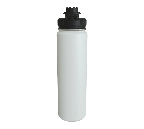 A matte white insulated water bottle with a black screw-on lid, shown against a solid light gray background.
