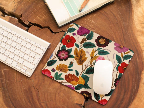 Vintage summer floral mousepad from Spruce and Heron on a desktop.