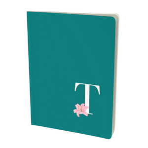 T monogram floral notebook in teal with a pink lily embellishment.