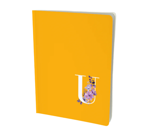 U monogram floral notebook in golden colour with purple flowers.