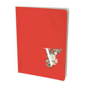 V monogram floral notebook in red with flower embellishment.