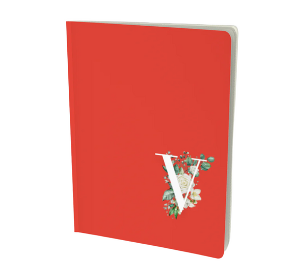 V monogram floral notebook in red with flower embellishment.