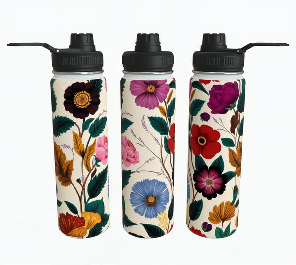 Vintage summer floral water bottle - three different views - stainless steel form Spruce and Heron.