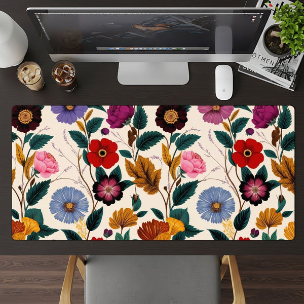 Floral desk mat on a desk with a computer setup