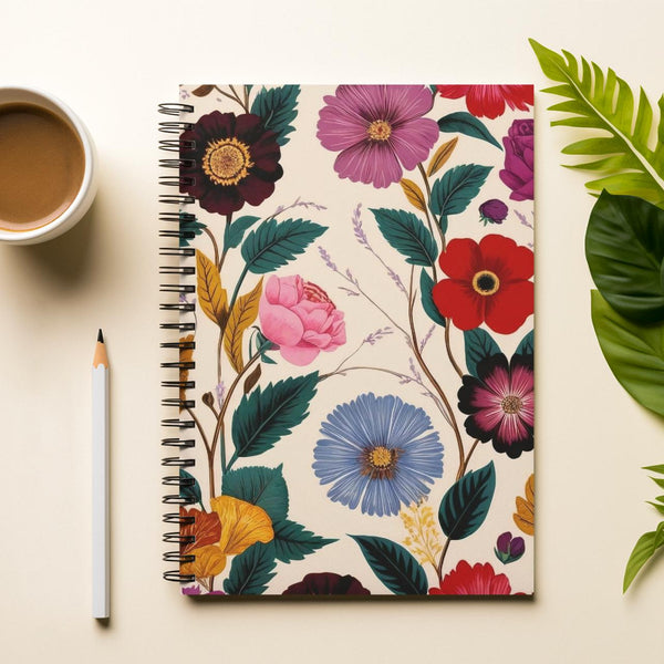 Vintage Summer Floral Notebook from Spruce and Heron - with plant and cup of coffee and pencil.