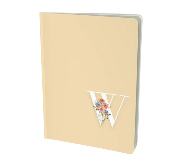 W Monogram Notebook in a creamy yellow color - with floral embellishment.
