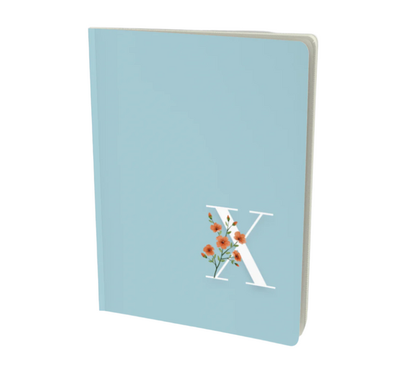 X Monogram Floral Notebook in light blue with pink flower embellishment.