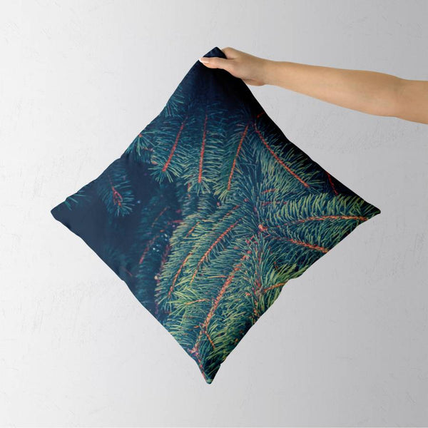 Spruce Tree Cushion Cover in 18" x 18" size, with Dendrophile definition on the back cotton linen canvas blend