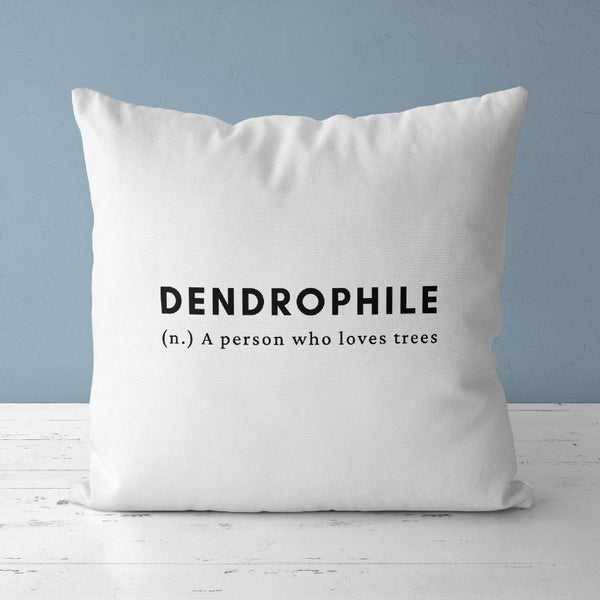 Spruce Tree Cushion Cover in 18" x 18" size, with Dendrophile definition on the back cotton linen canvas blend