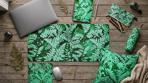 Fern design - Fern Home Office Collection from Spruce and Heron in a flatlay on a rustic wood table. 