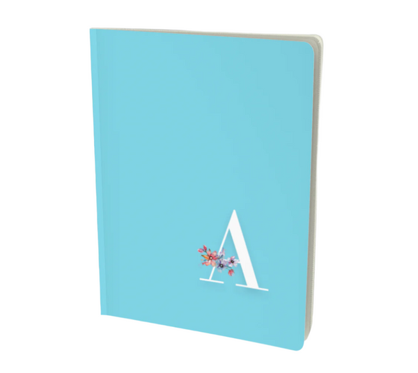 Light blue notebook with an "A" and touch of florals.