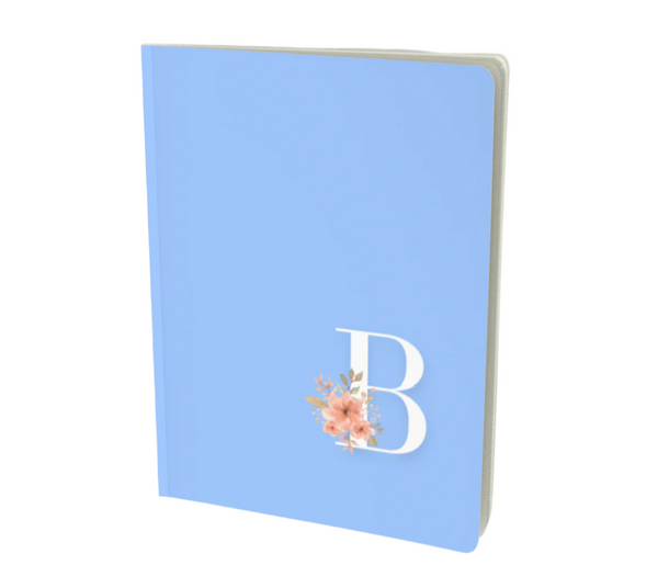 Light periwinkle blue B monogram floral notebook.