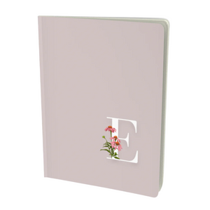 E monogram floral notebook in taupe with a pink flower embellishment.