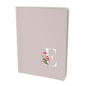 E monogram notebook in taupe with a floral embellishment.