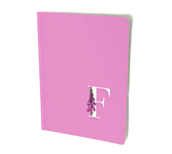 A pretty pink F monogram  floral notebook. 