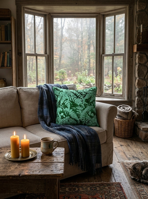 A cozy living room scene with a beige sofa, a green Fern Cushion Cover from Spruce and Heron, a navy plaid blanket, candles, a mug, and a rustic wood coffee table in front of a large bay window looking out onto a misty forest.