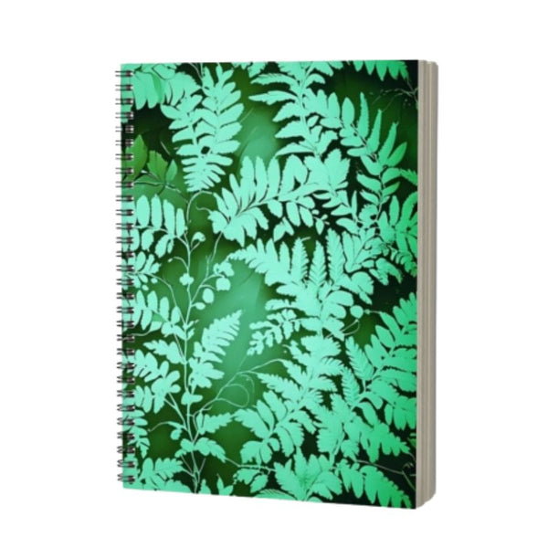 Fern Spiral Notebook by Spruce and Heron with green botanical fern designs. 