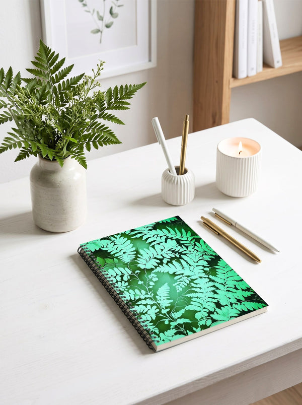 A spiral notebook with a green fern leaf pattern on the cover sits on a white desk next to a potted fern, a candle, and pens - Fern Spiral Notebook from Spruce and Heron.