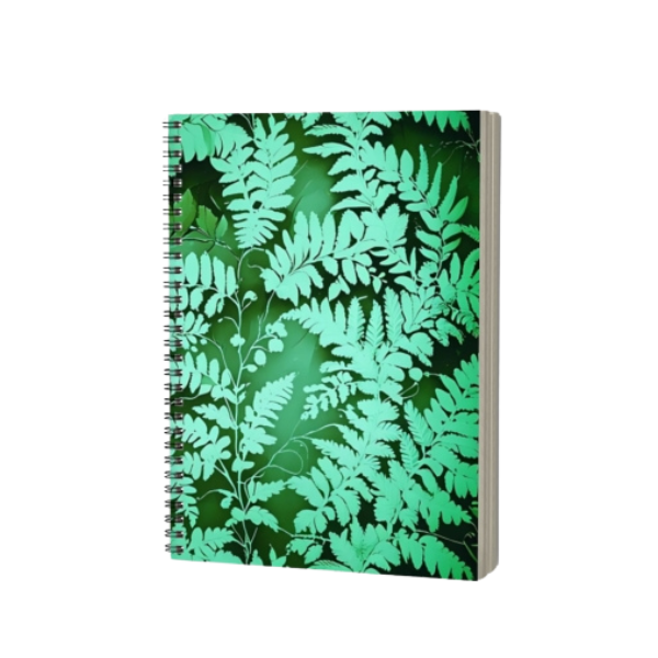 A spiral-bound notebook with a green fern leaf pattern on the cover, shown at a slight angle against a plain white background - Fern Notebook from Spruce and Heron.