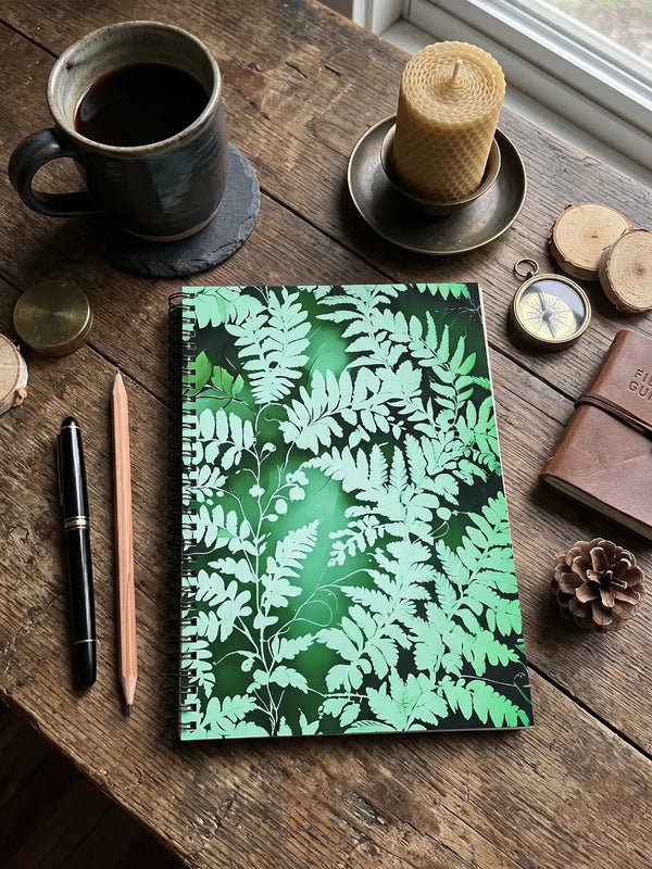 A spiral-bound notebook from Spruce and Heron with a green fern leaf pattern lies on a rustic wooden table, surrounded by lifestyle props including a ceramic mug of coffee, a candle, a pen, a pencil, a small compass, and a leather journal.