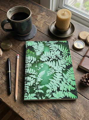 A spiral-bound notebook from Spruce and Heron with a green fern leaf pattern lies on a rustic wooden table, surrounded by lifestyle props including a ceramic mug of coffee, a candle, a pen, a pencil, a small compass, and a leather journal.
