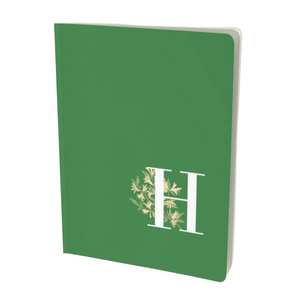 H monogram notebook in green with floral touches.