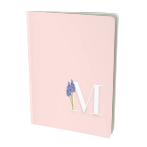 M monogram floral notebook with a purple flower embellishment.