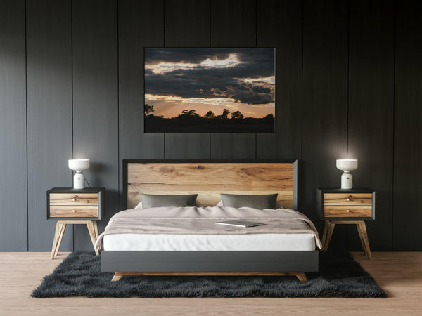 Ontario Sunset Photo Art Print from Spruce and Heron in a Bedroom mockup.