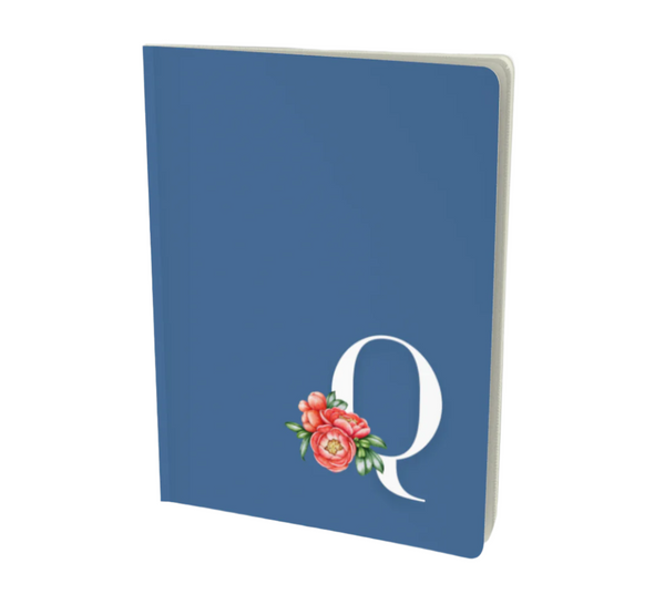 Q monogram floral notebook in blue - with pink flower embellishment.