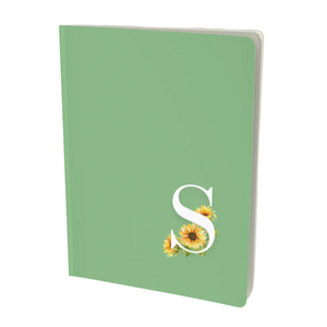 S Monogram floral notebook in green with a yellow flower embellishment.