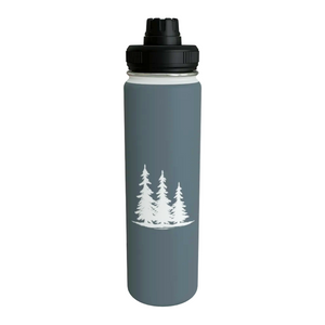 A matte slate blue water bottle - Spruce Trees Stainless Steel Water Bottle from Spruce and Heron - with a black screw-on lid and a white graphic of three pine trees on the front, set against a plain white background.