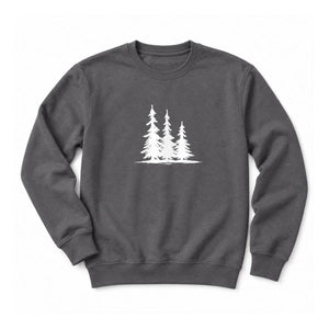 A dark gray crewneck sweatshirt featuring a white graphic print of three pine trees on the chest, displayed flat against a clean white background - Spruce Trees Crewneck Sweater from Spruce and Heron - nature crewneck.