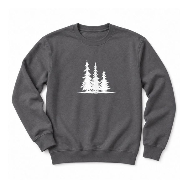 A dark gray crewneck sweatshirt featuring a white graphic print of three pine trees on the chest, displayed flat against a clean white background - Spruce Trees Crewneck Sweater from Spruce and Heron - nature crewneck.
