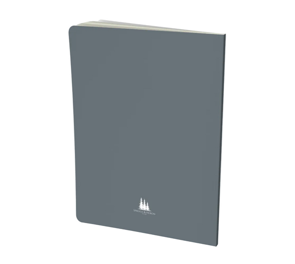A dark slate gray hardcover notebook with a small white tree Spruce and Heron logo near the bottom, shown on a light gray background.