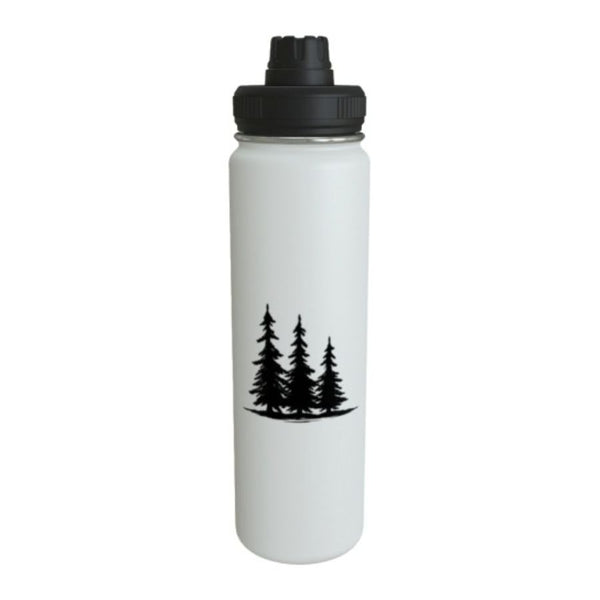 A beige insulated water bottle with a black screw-on cap and a black silhouette graphic of three pine trees on the front, shown against a plain white background - Spruce Trees Stainless Steel Water Bottle in Beige from Spruce and Heron.