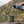 A person pours water from a dark gray insulated water bottle with a white tree logo into an olive green enamel mug, set against a scenic autumn mountain lake background. 