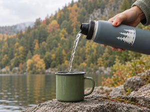 A person pours water from a dark gray insulated water bottle with a white tree logo into an olive green enamel mug, set against a scenic autumn mountain lake background. 