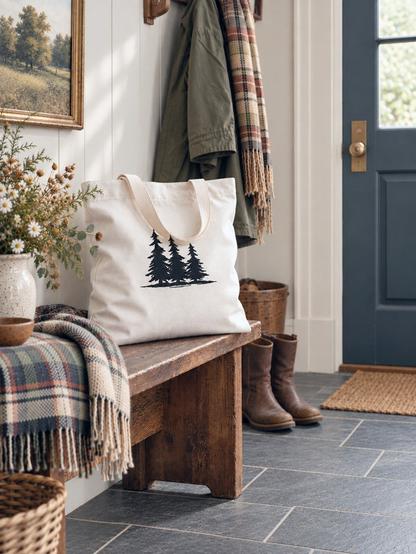 An off-white canvas tote bag with a black pine tree graphic sits on a rustic wooden bench in a styled entryway. The scene includes a blue door, gray slate floor, brown boots, a plaid throw blanket, and other home decor elements - Spruce Trees Tote Bag from Spruce and Heron.